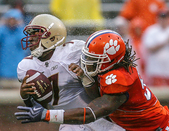 Clemson's Da'Quan Bowers sacks Boston College quarterback Justin Tuggle early in the fourth quarter of their game at Clemson on Saturday afternoon.