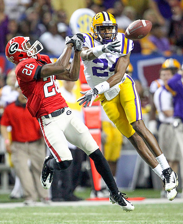 LSU defensive back Tharold Smith breaks up a pass intended for Georgia wide receiver Malcolm Mithchell in the second quarter of the SEC Championship game in Atlanta Saturday evening.